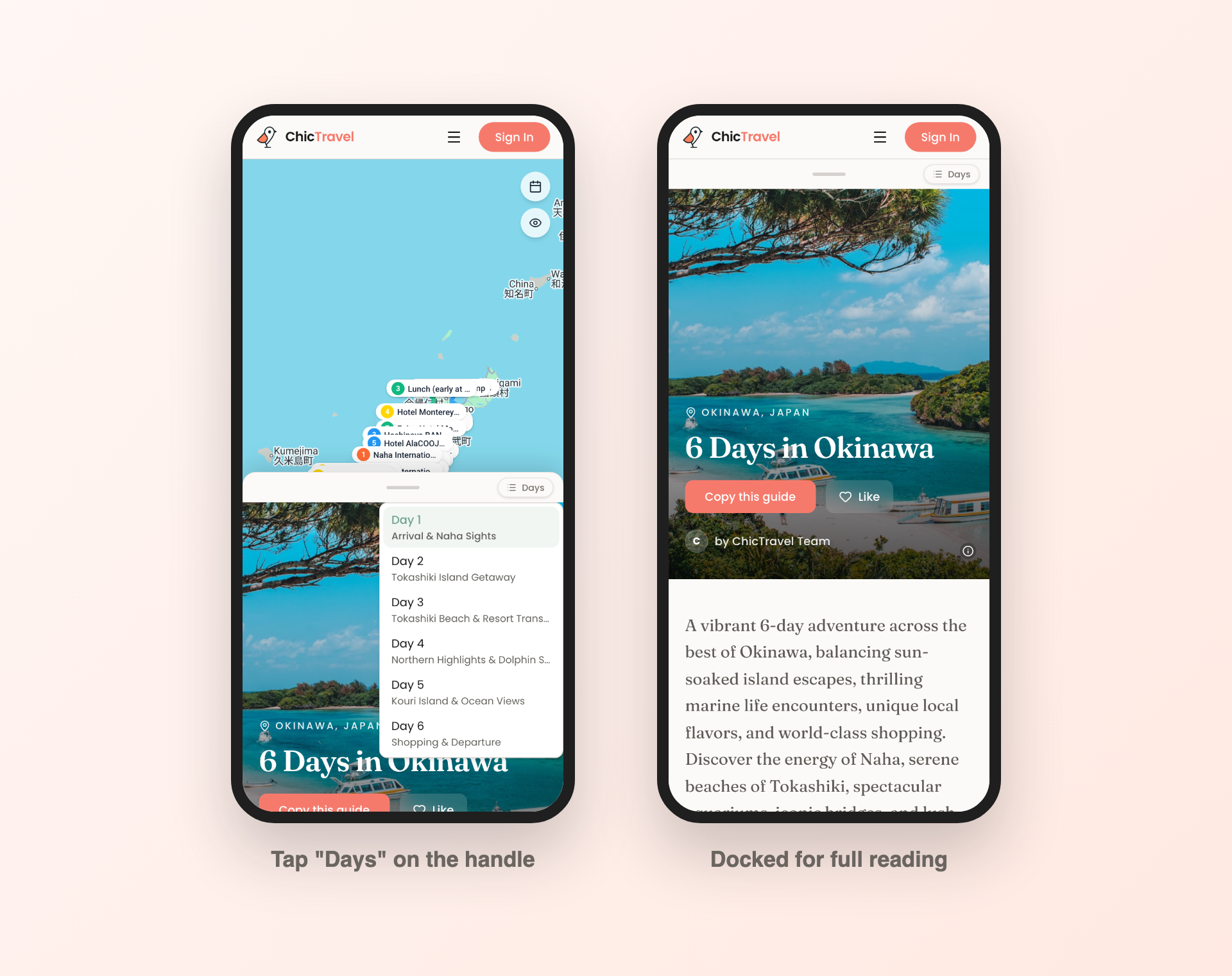 The Days menu open over the map, and the guide sheet docked for full-screen reading