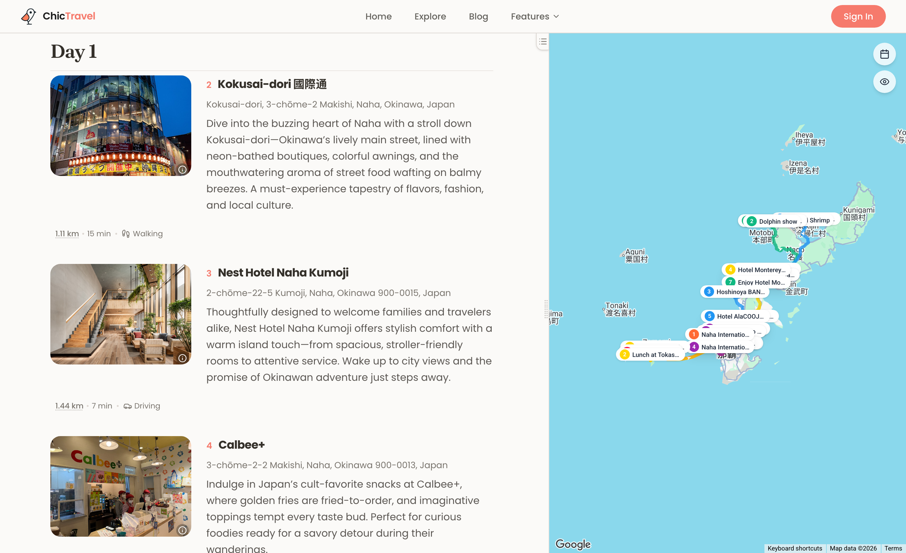 A ChicTravel guide day chapter with numbered place entries and photos beside a live map of Okinawa