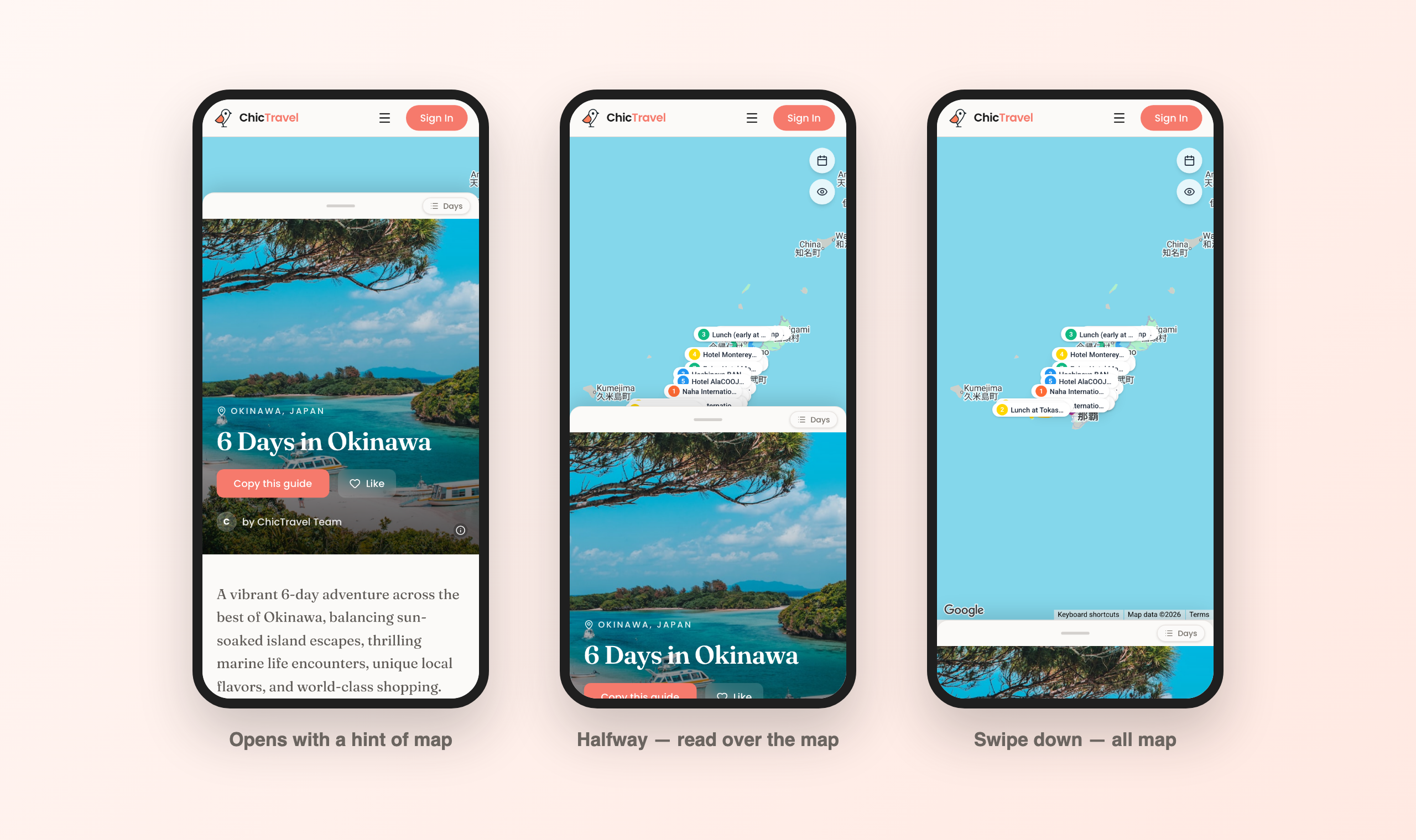 Three phones showing a ChicTravel guide sheet at open, halfway, and map-only positions over an Okinawa map